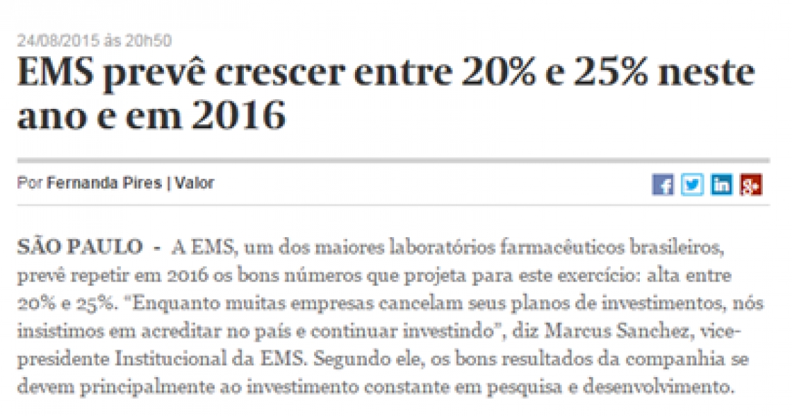 Grupo NC - EMS prevê crescer entre 20% e 25% neste ano e em 2016
